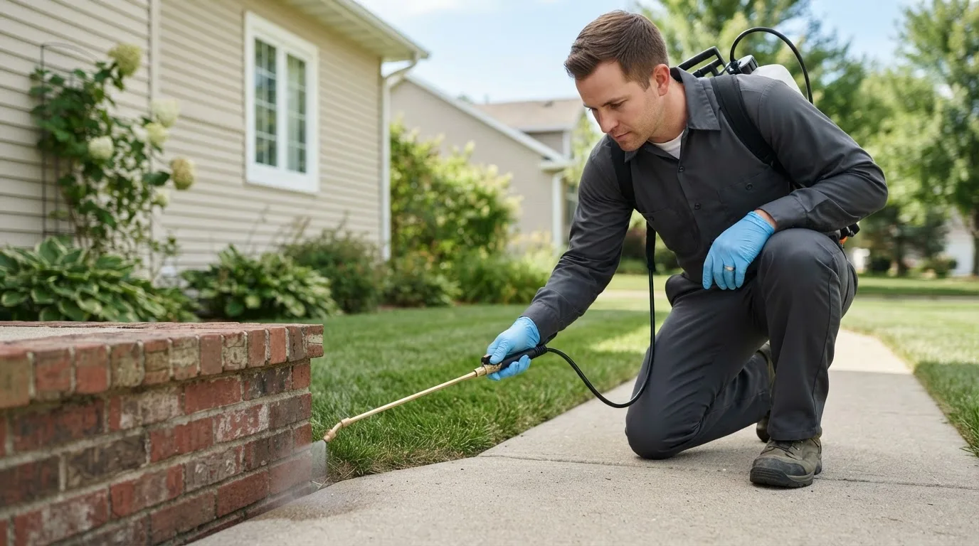 Pest control technician treating a home near Paris Crossing, IN