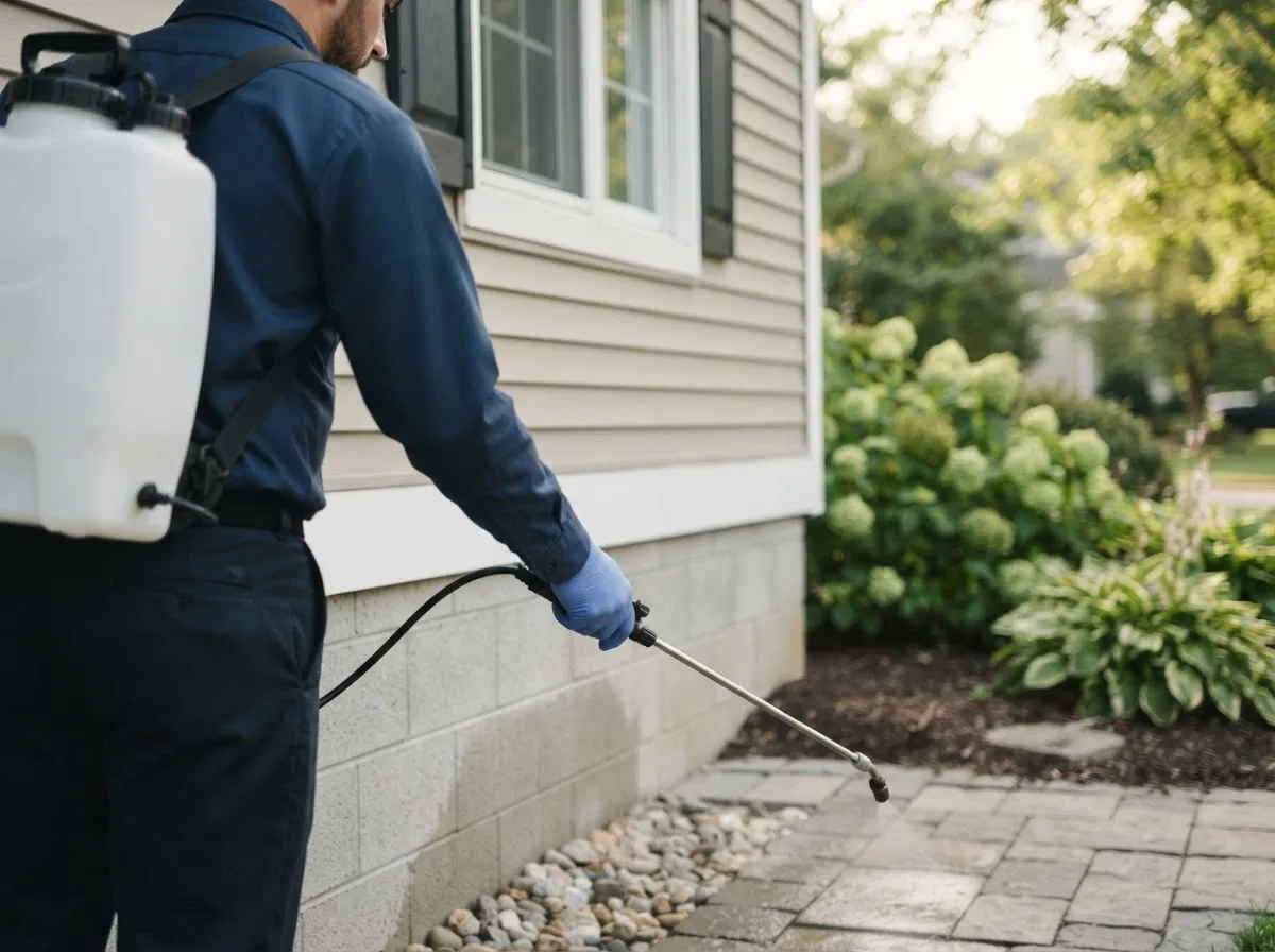 Pest control technician inspecting a home in Paris Crossing, IN